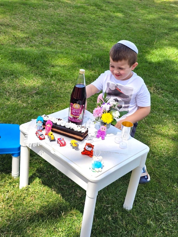 אב שבת הכולל בקבוק יין תירוש כוס קידוש שתי נרות עוגת שוקולד סידור פרחים ו25 צעצועים לבחירה