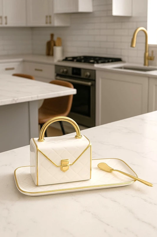 סט כולל כוס כפית וצלחת בצבע זהב לבן