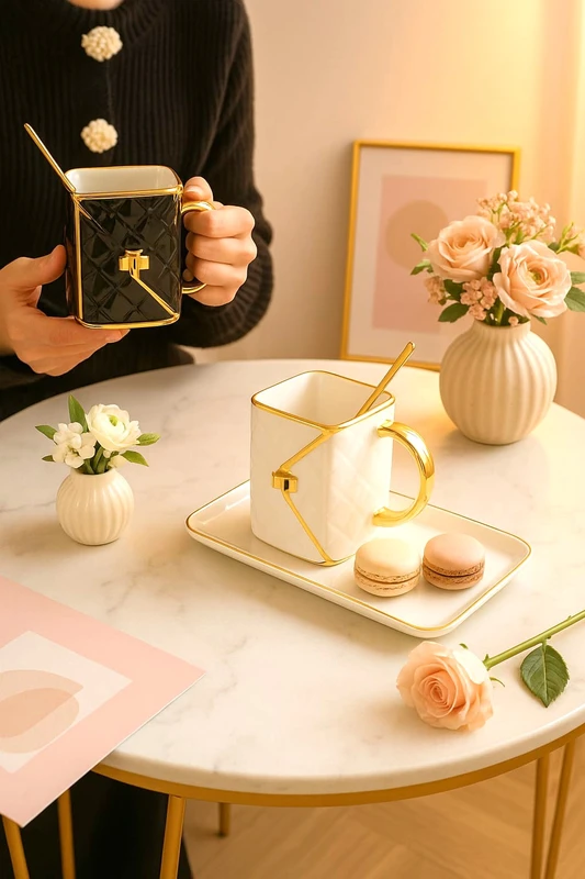 סט זוגי הכולל זוג כוסות זוג כפות וזוג צלחות בצבע שחור לבן